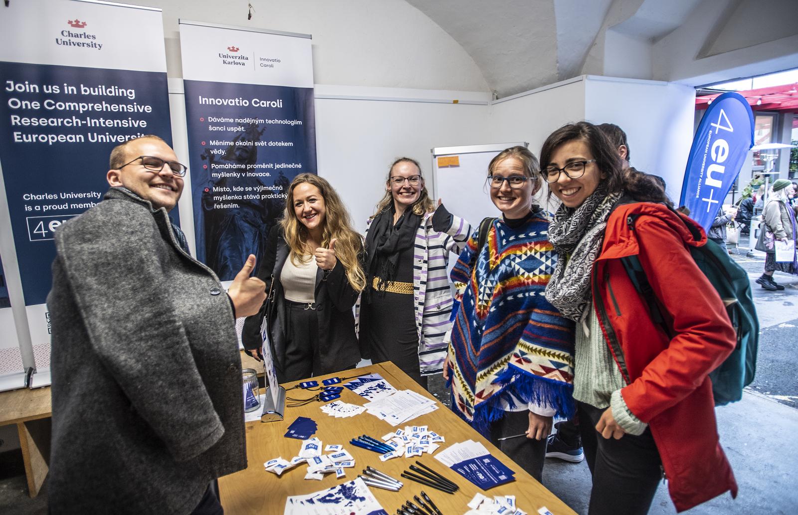 The 4EU+ booth at the Unique Start event at Kampus Hybernská, Charles University.